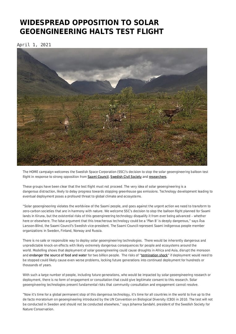 2021April1-PR HOME on Cancelled Test Flight in Sweden