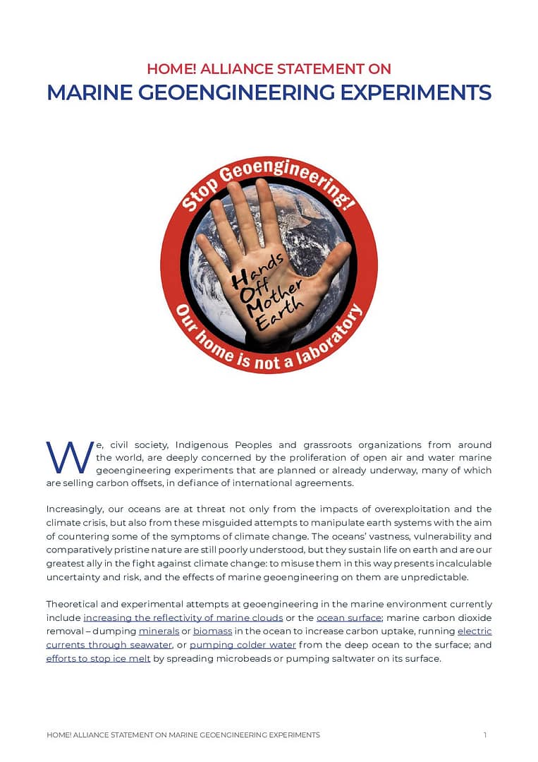 (w links) Home! Alliance Statement on Marine Geoengineering Experiments